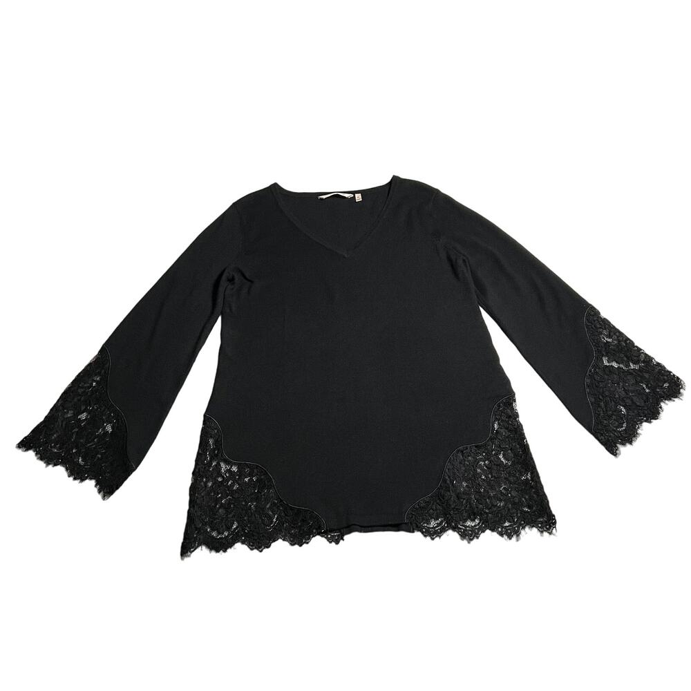 Soft Surroundings V-Neck Wool Blend Lace Trim Sweater Size XS Minimalist Casual